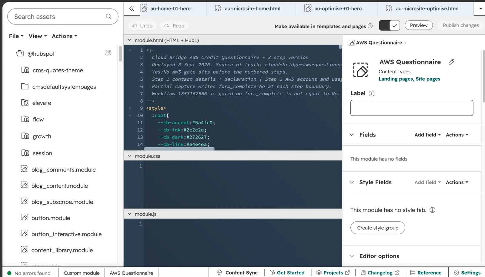 The custom AWS Questionnaire module in HubSpot's Design Manager