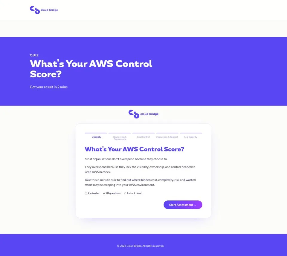 The live AWS Governance Assessment on Cloudbridge's HubSpot landing page