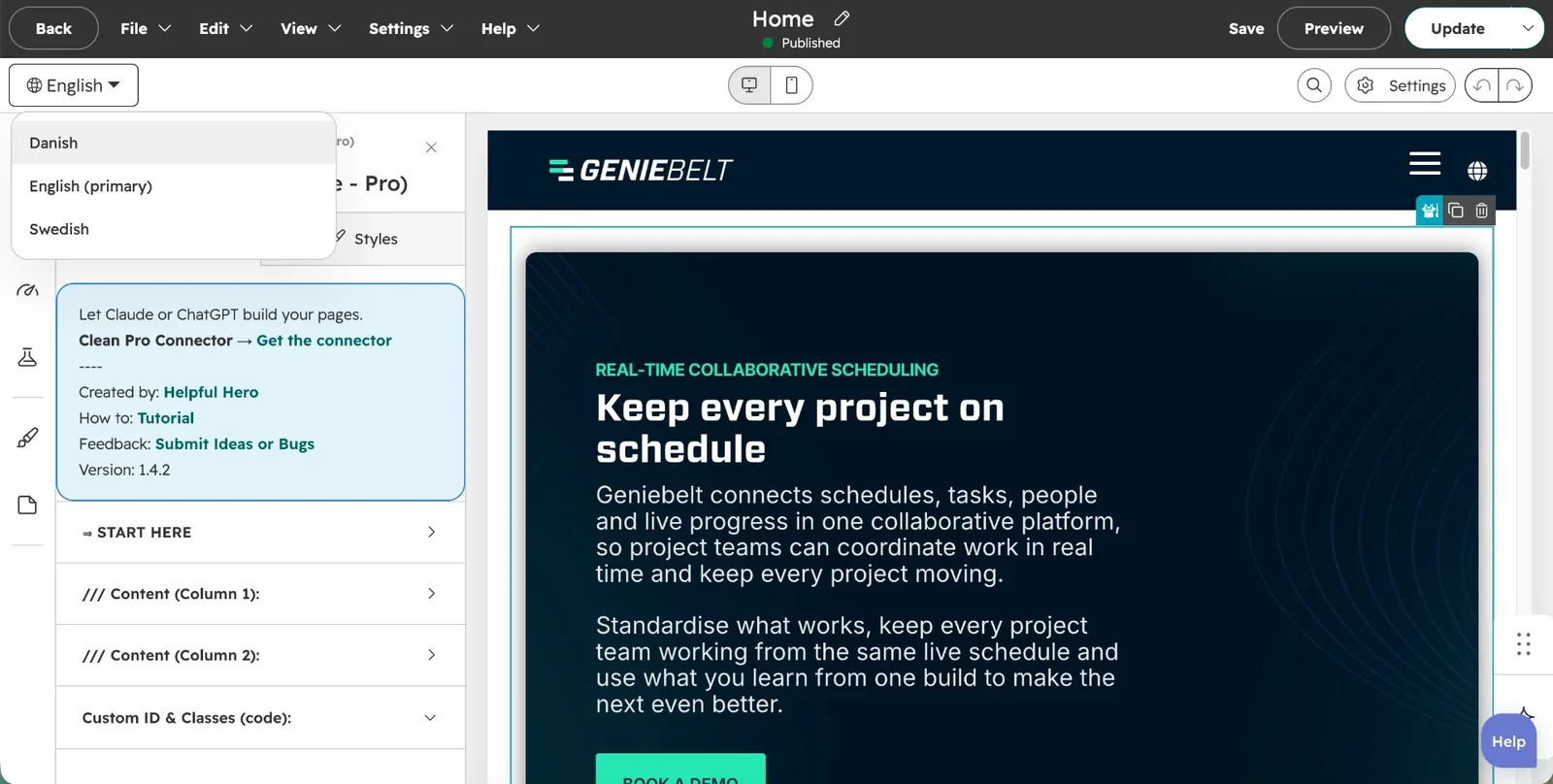 A GenieBelt page in the HubSpot page editor, built on the Clean Pro theme