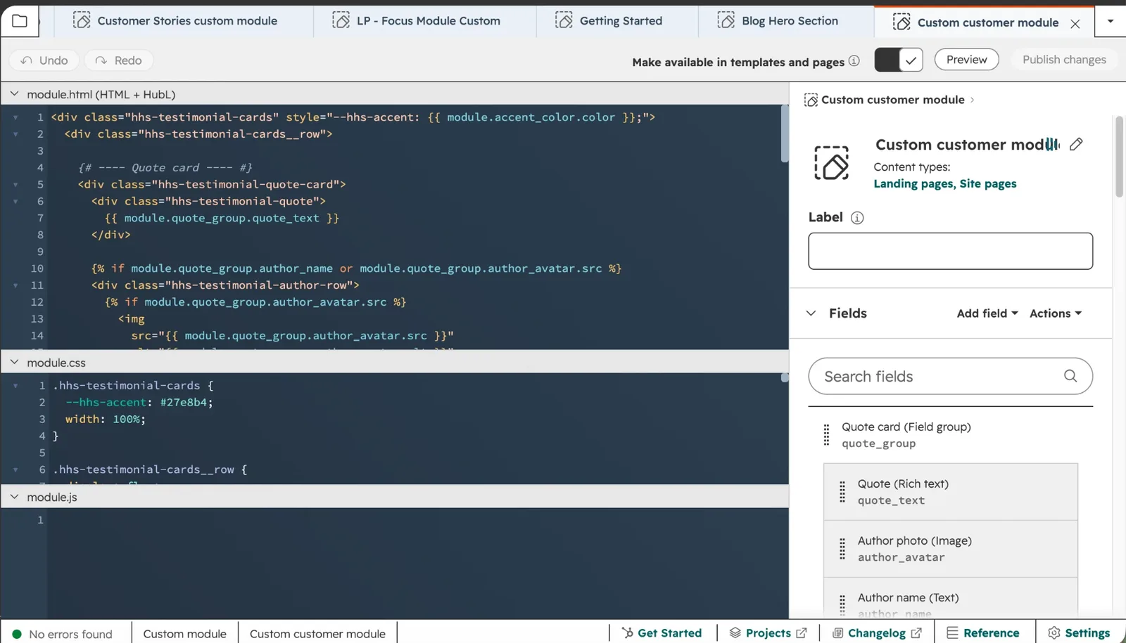 The custom Testimonial Card module in HubSpot's Design Manager